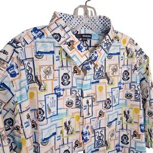 Murano Button‎ Down Collared Nautical Theme Stamp XLT Short Sleeve  Mens Shirt